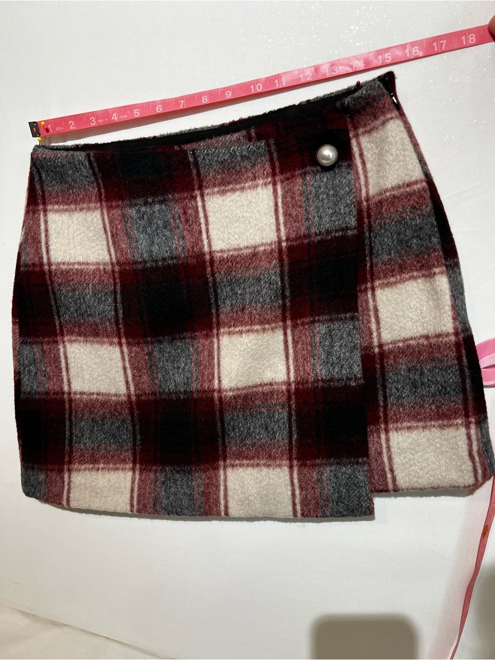 Plaid Wrap Mini Skirt in Burgundy, Gray & Cream